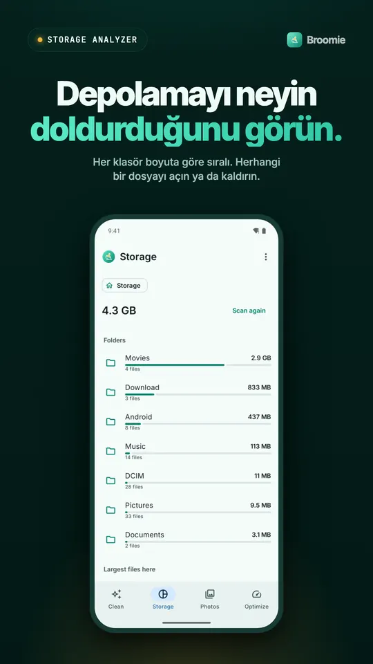 Movies, Download ve Android gibi klasörleri boyuta göre sıralayan depolama analizi