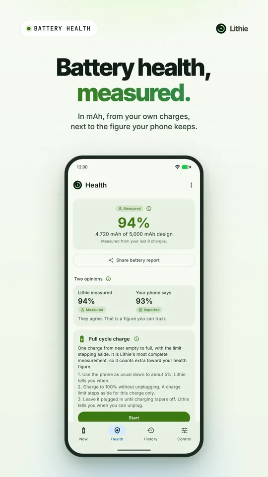 Der Bildschirm Zustand mit gemessenen 94 %, 4.720 mAh von 5.000 mAh Nennkapazität, neben den vom Handy gemeldeten 93 %