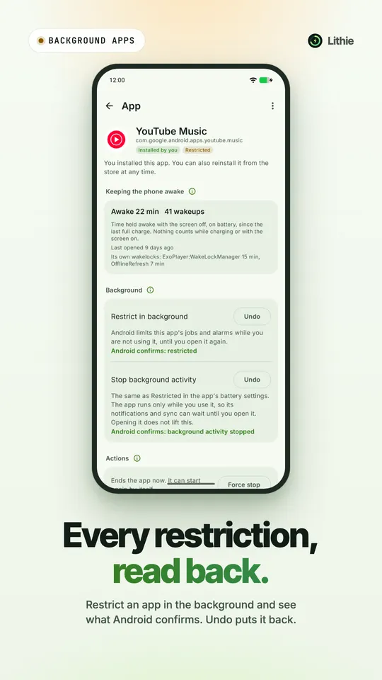 Die Detailseite einer App mit ihrer Wakelock-Zeit und Weckvorgängen sowie Hintergrundbeschränkungen, die Android bestätigt, jeweils mit Rückgängig