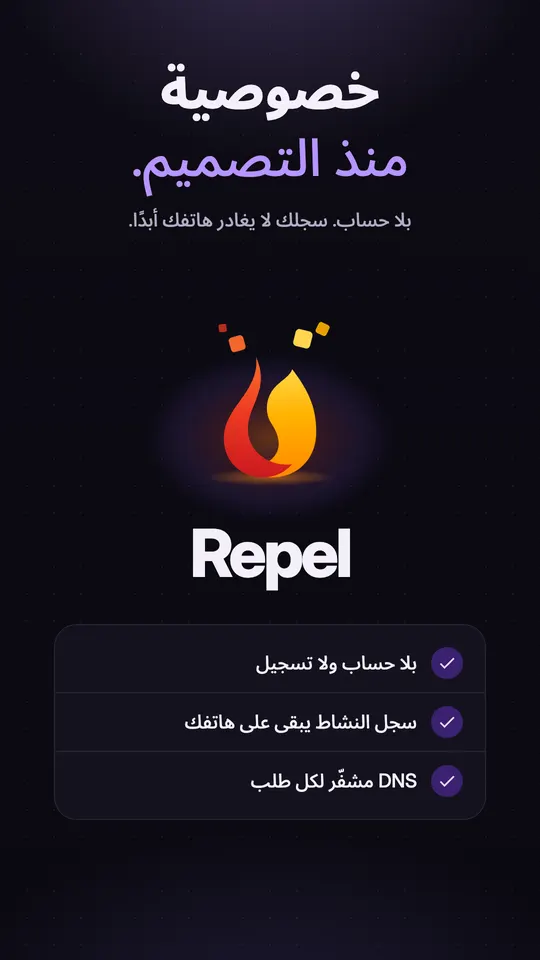 شعار Repel مع ثلاثة وعود: بلا حساب أو تسجيل، وسجل النشاط يبقى على الهاتف، وDNS مشفر لكل استعلام