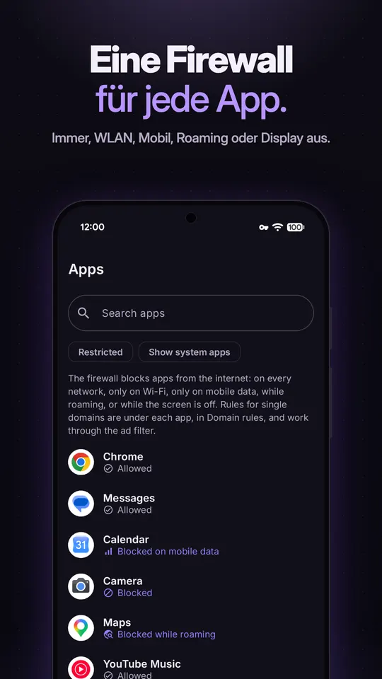 Apps-Bildschirm der Firewall mit Apps, die als Erlaubt, Blockiert, Blockiert bei mobilen Daten oder Blockiert beim Roaming markiert sind