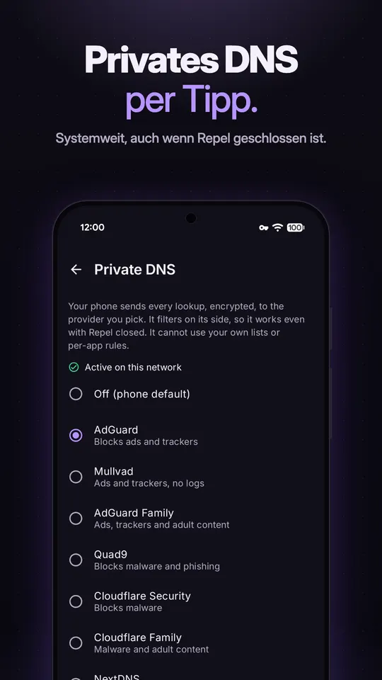 Auswahl für Private DNS mit gewähltem AdGuard und Optionen für Mullvad, AdGuard Family, Quad9 und Cloudflare
