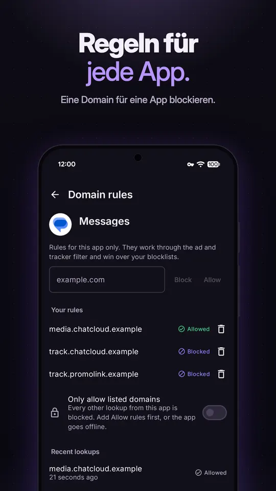 Domain-Regeln für die App Nachrichten mit einer erlaubten und zwei blockierten Domains sowie einem Schalter Nur gelistete Domains erlauben