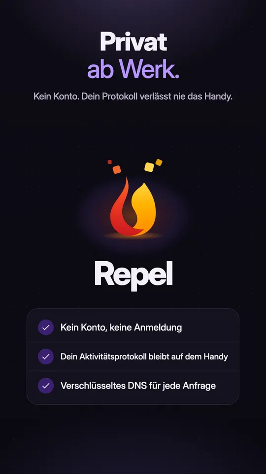 Repel-Logo mit drei Versprechen: kein Konto und keine Anmeldung, das Aktivitätsprotokoll bleibt auf dem Handy, verschlüsseltes DNS für jede Anfrage