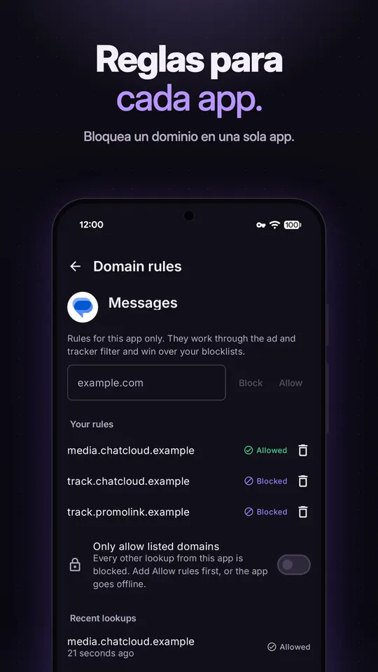 Reglas de dominio para la app Mensajes, con un dominio permitido, dos bloqueados y un interruptor de Permitir solo los dominios de la lista