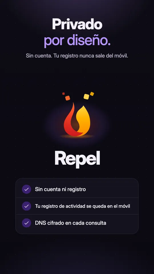 Logo de Repel con tres promesas: sin cuenta ni registro, el registro de actividad se queda en el celular, DNS cifrado en cada consulta
