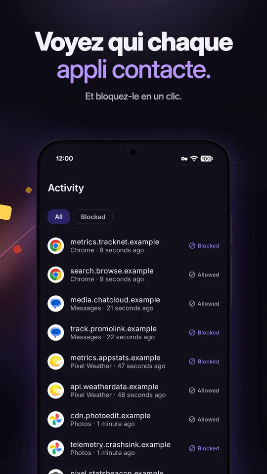 Journal d'activité listant les dernières requêtes de domaine de Chrome, Messages, Météo et Photos, chacune marquée Bloquée ou Autorisée