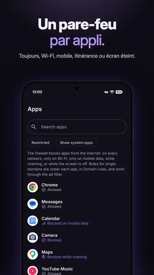 Écran Applis du pare-feu avec des applis marquées Autorisée, Bloquée, Bloquée en données mobiles ou Bloquée en itinérance