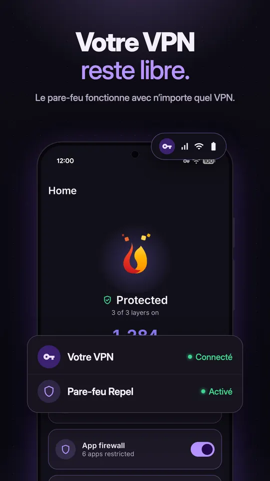 Le pare-feu de Repel affiché Activé pendant qu'une autre appli VPN reste Connectée en même temps