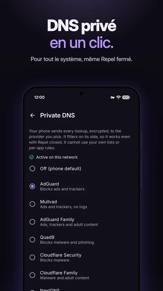 Choix du DNS privé avec AdGuard sélectionné et les options Mullvad, AdGuard Family, Quad9 et Cloudflare