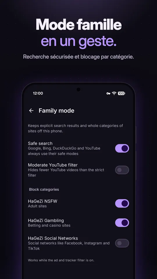 Réglages du mode famille avec la recherche sécurisée activée et le blocage des catégories sites adultes et paris