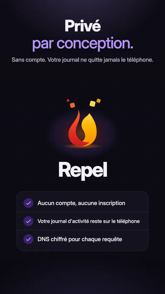 Logo de Repel avec trois promesses : ni compte ni inscription, le journal d'activité reste sur le téléphone, DNS chiffré pour chaque requête