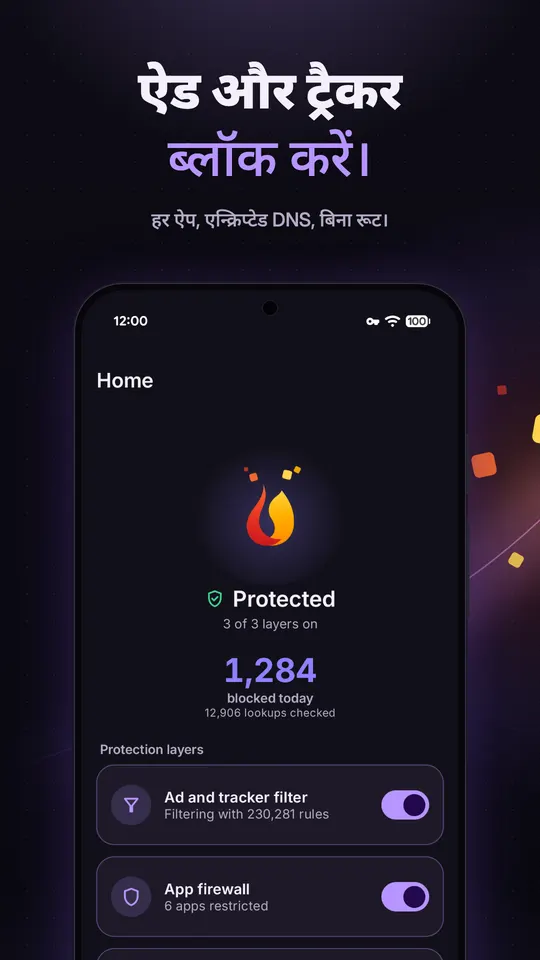 Repel की होम स्क्रीन, सुरक्षित, 3 में से 3 परतें चालू, आज 1,284 लुकअप ब्लॉक, ट्रैकर फ़िल्टर और ऐप फ़ायरवॉल चालू