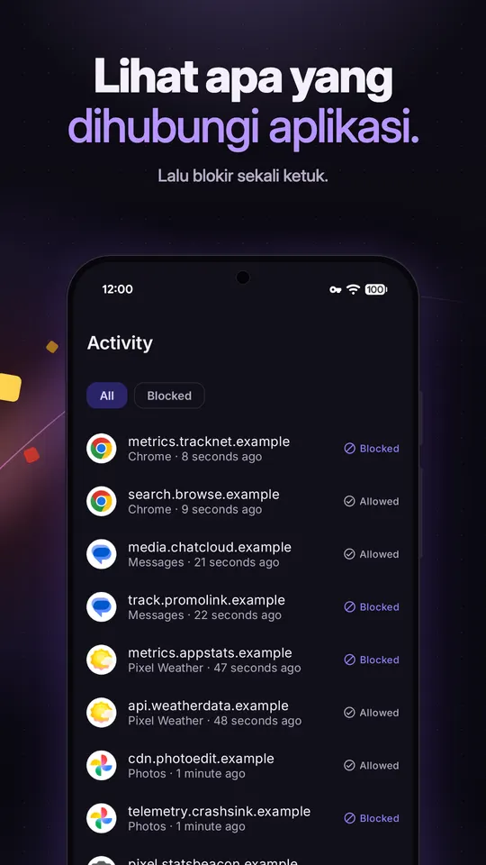 Log aktivitas berisi kueri domain terbaru dari Chrome, Messages, Cuaca, dan Foto, masing-masing bertanda Diblokir atau Diizinkan