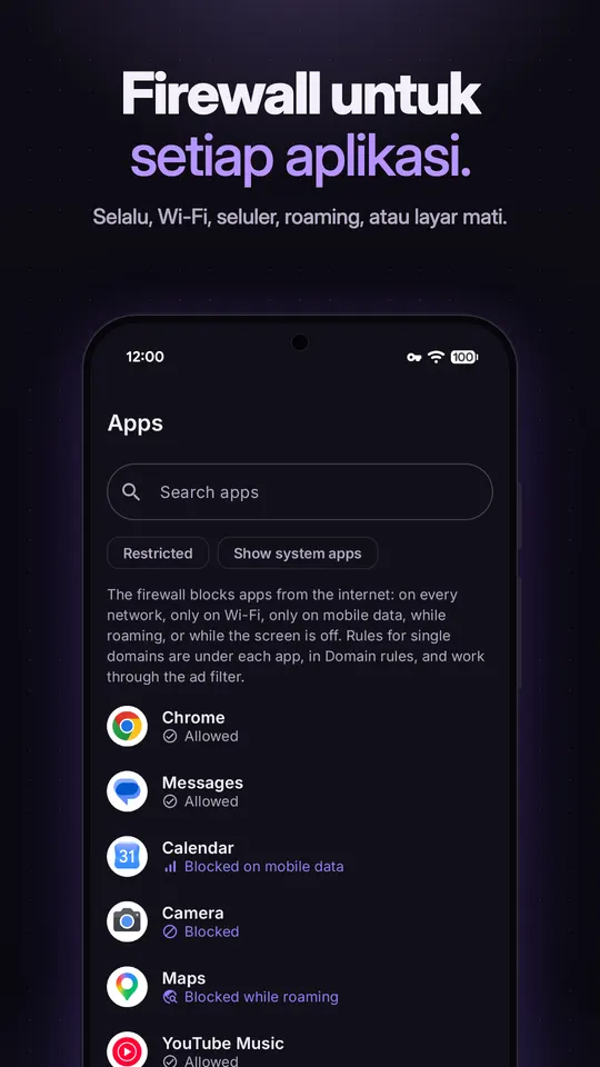 Layar Aplikasi di firewall dengan aplikasi bertanda Diizinkan, Diblokir, Diblokir di data seluler, atau Diblokir saat roaming