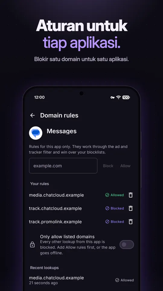 Aturan domain untuk aplikasi Messages, dengan satu domain diizinkan, dua diblokir, dan sakelar Hanya izinkan domain dalam daftar
