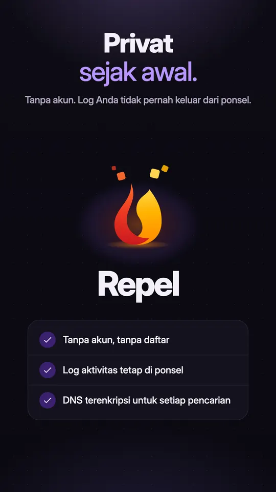 Logo Repel dengan tiga janji: tanpa akun atau pendaftaran, log aktivitas tetap di HP, DNS terenkripsi untuk setiap kueri