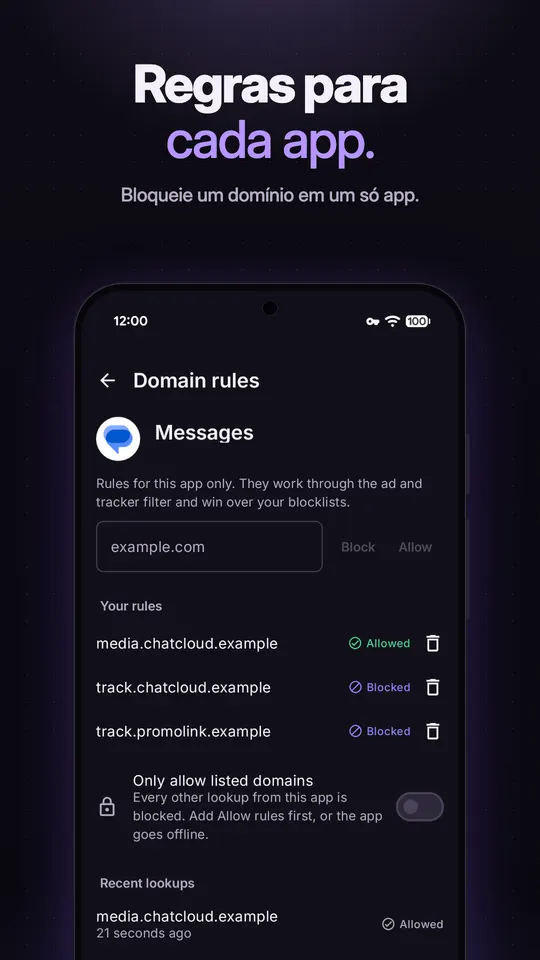 Regras de domínio do app Mensagens, com um domínio permitido, dois bloqueados e uma chave Permitir só domínios da lista