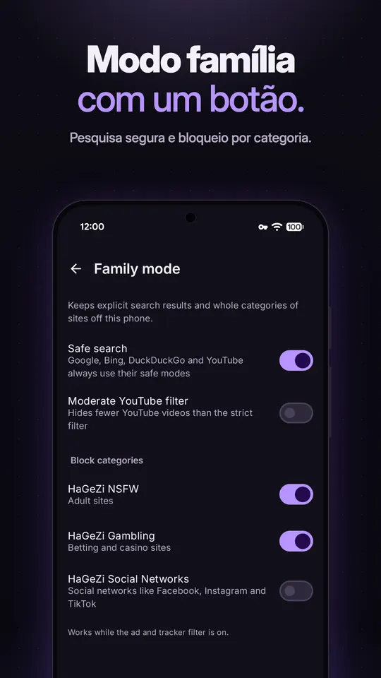 Configurações do modo família com a pesquisa segura ligada e bloqueio por categoria de sites adultos e de apostas