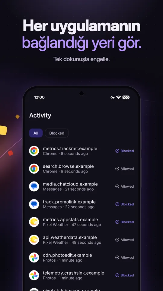 Chrome, Mesajlar, Hava Durumu ve Fotoğraflar'dan son alan adı sorgularını listeleyen, her biri Engellendi ya da İzin verildi olarak işaretli etkinlik kaydı