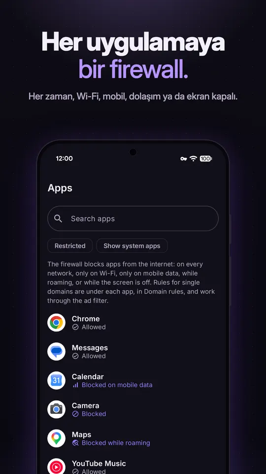 Uygulamaların İzin verildi, Engellendi, Mobil veride engellendi ya da Dolaşımda engellendi olarak işaretlendiği firewall Uygulamalar ekranı