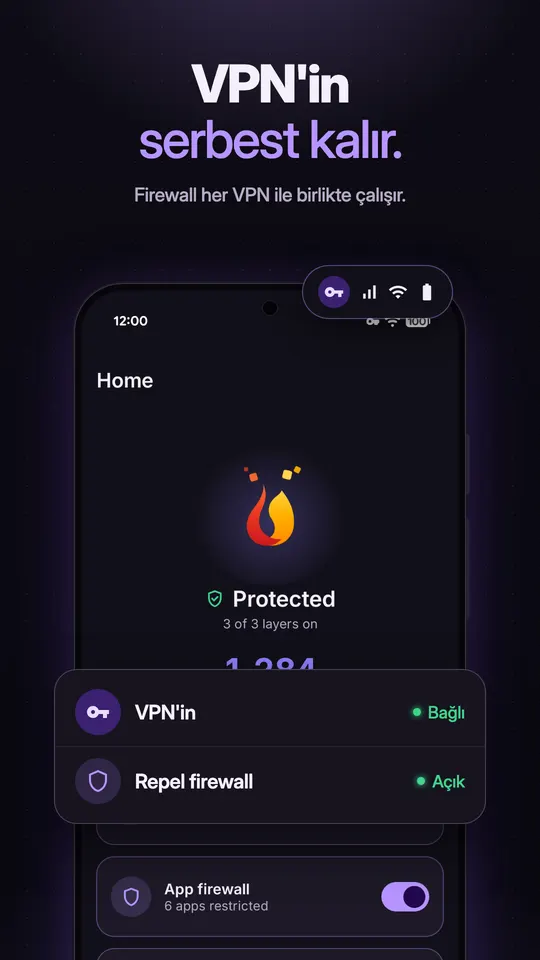 Ayrı bir VPN uygulaması aynı anda Bağlı kalırken Açık görünen Repel firewall'u
