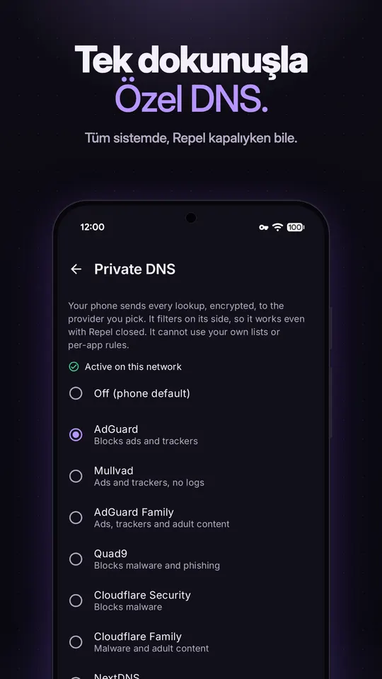 AdGuard seçili, Mullvad, AdGuard Family, Quad9 ve Cloudflare seçenekleri olan Özel DNS seçicisi