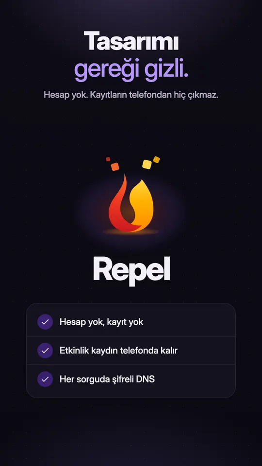 Üç sözle Repel logosu: hesap ya da kayıt yok, etkinlik kaydı telefonda kalır, her sorgu için şifreli DNS