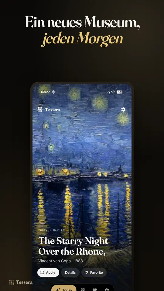 Bildschirm Heute mit Sternennacht über der Rhone von Vincent van Gogh und den Schaltflächen Anwenden, Details und Favorit