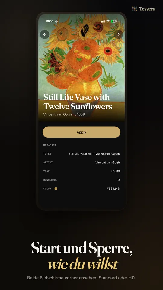 Detailseite zu Vase mit zwölf Sonnenblumen von Vincent van Gogh, mit der Schaltfläche Anwenden sowie Titel, Künstler und Jahr