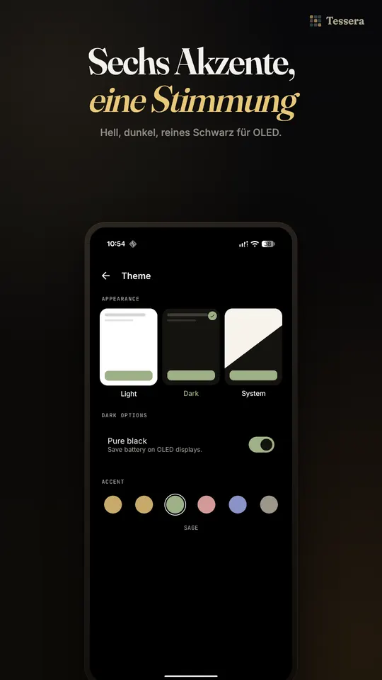 Design-Einstellungen mit heller, dunkler und System-Darstellung, einer Option für reines Schwarz bei OLED und sechs Akzentfarben
