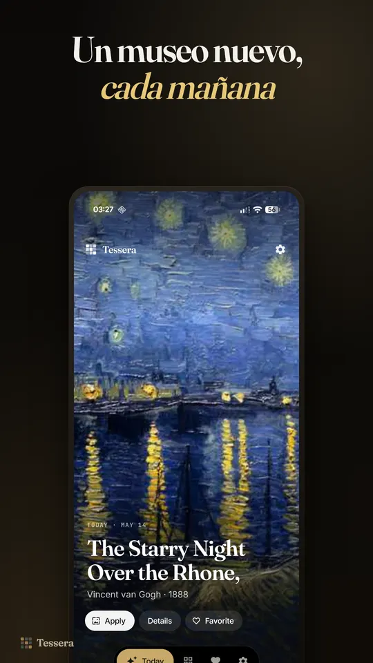 Pantalla Hoy con La noche estrellada sobre el Ródano de Vincent van Gogh y los botones Aplicar, Detalles y Favorito