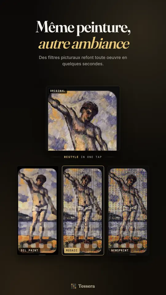 Un même tableau en original et retouché avec les filtres Huile, Mosaïque et Journal