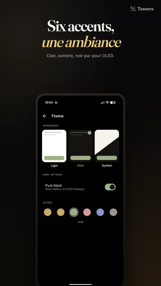 Réglages du thème avec apparence claire, sombre et système, une option noir pur pour OLED et six couleurs d'accent