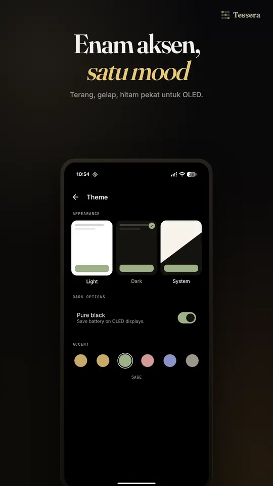 Pengaturan tema dengan tampilan terang, gelap, dan sistem, opsi hitam pekat untuk OLED, dan enam warna aksen