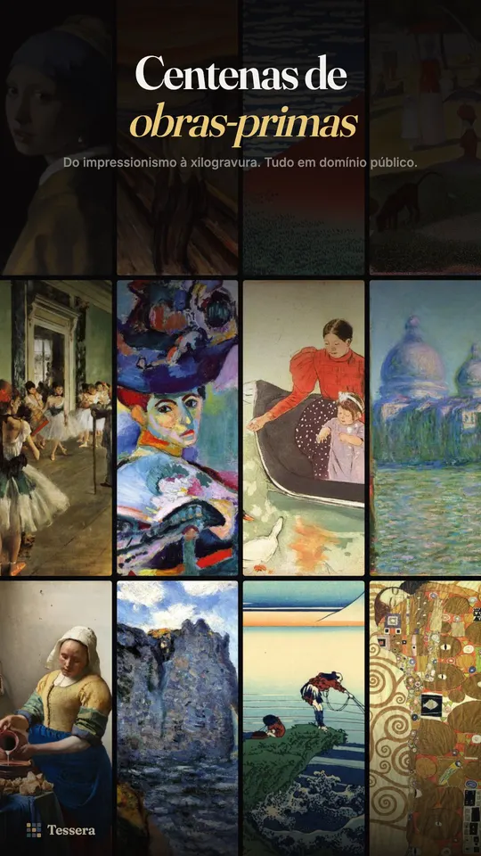 Uma parede de pinturas da coleção, de cenas impressionistas de balé e de porto a uma xilogravura japonesa