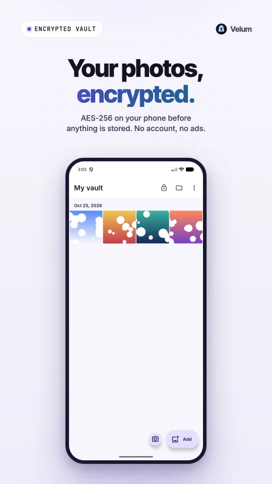 Velum vault screen: your photos, encrypted with AES-256 on your phone