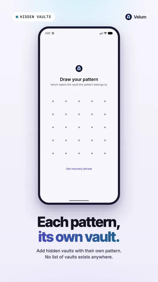 The pattern screen, where each pattern opens its own vault