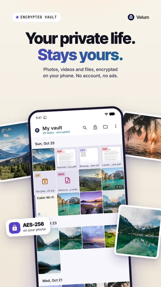Der Velum-Tresor mit Fotos, PDFs, einer Sprachnotiz und einer Notiz nach Datum gruppiert, gekennzeichnet als mit AES-256 auf deinem Handy verschlüsselt