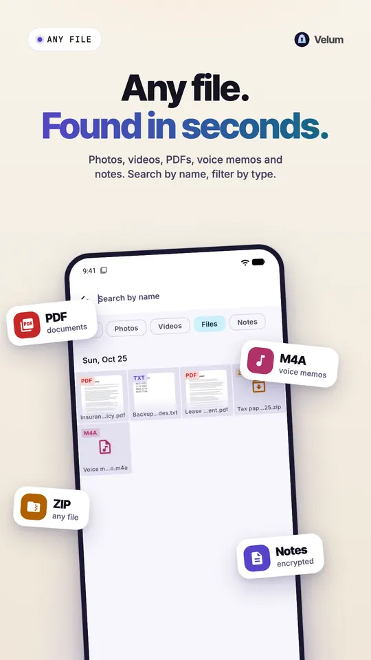 Suche nach Name mit Filtern für Fotos, Videos, Dateien und Notizen, die PDFs, eine ZIP-Datei und eine Sprachnotiz zeigt